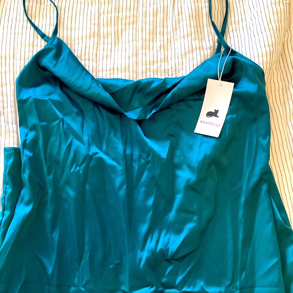 Teal Satin Cowl-Neck Dress